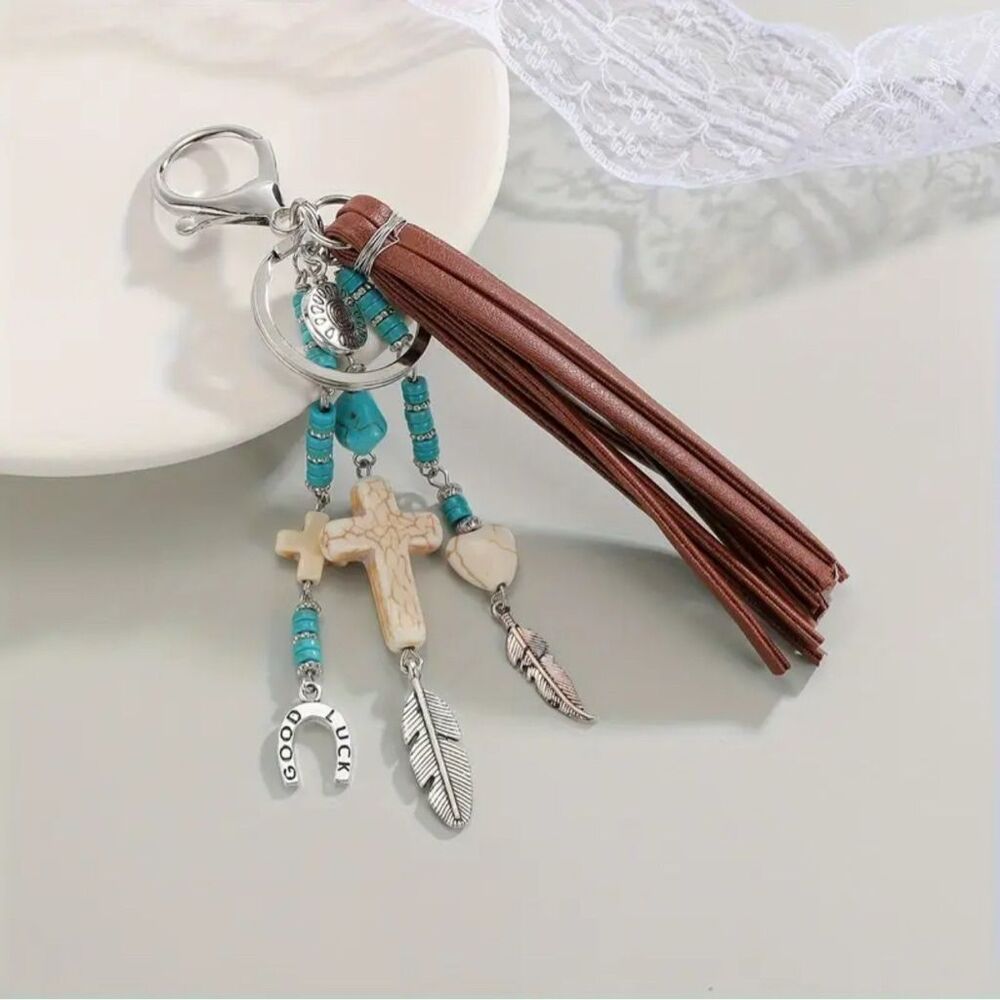 Western Style Bag Charm Keychain with Crosses Tassel Beads and Charms - Picture 3 of 5